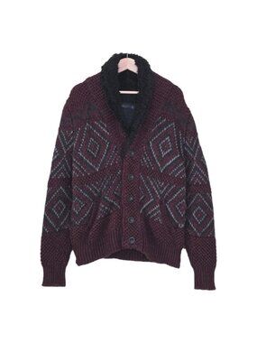 Zara Aztec Diamond Pattern Cardigan Men L Burgundy Gray Sherpa Shawl Collar Boho